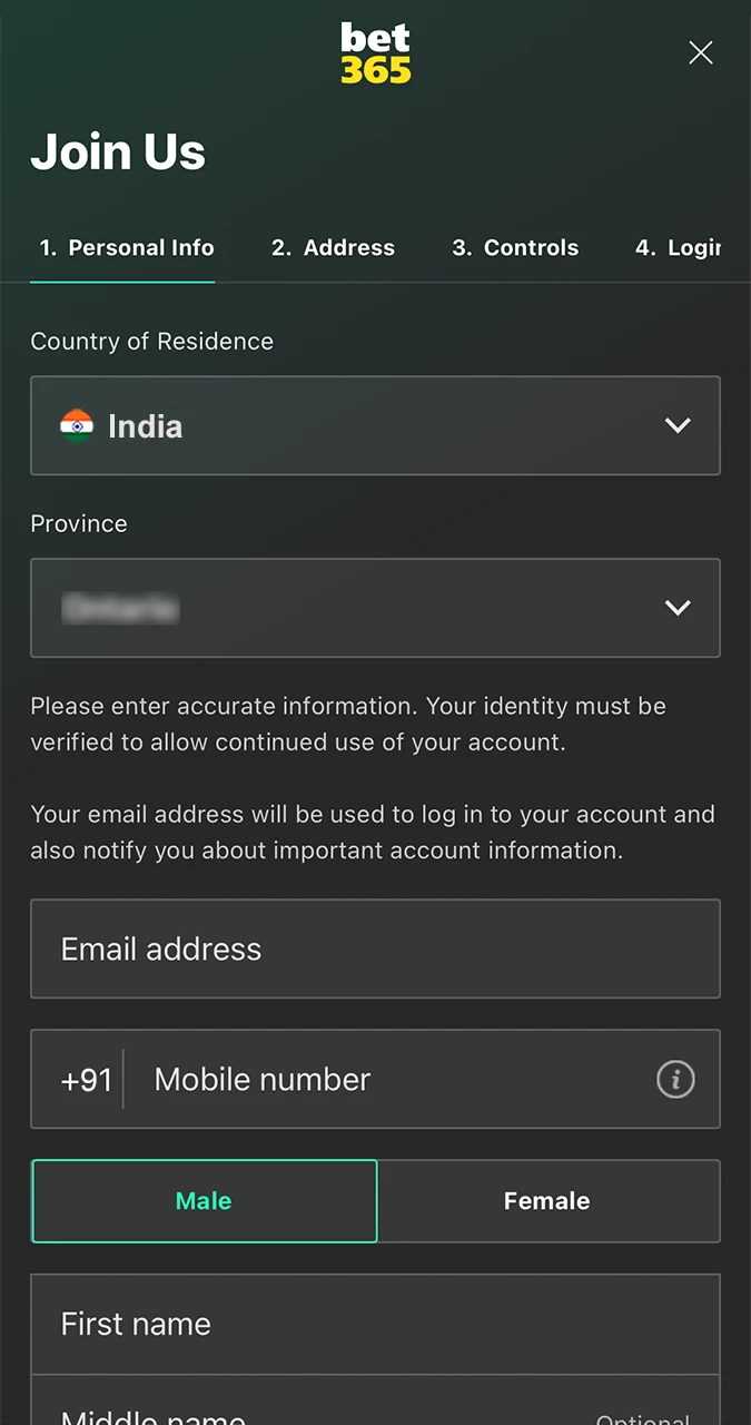 Make sure you fill out the Bet365 Casino account registration form correctly.