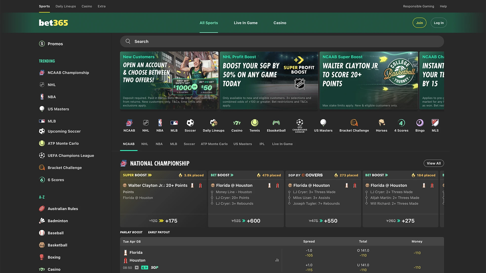 Look carefully at the Bet365 homepage and select the Join button.