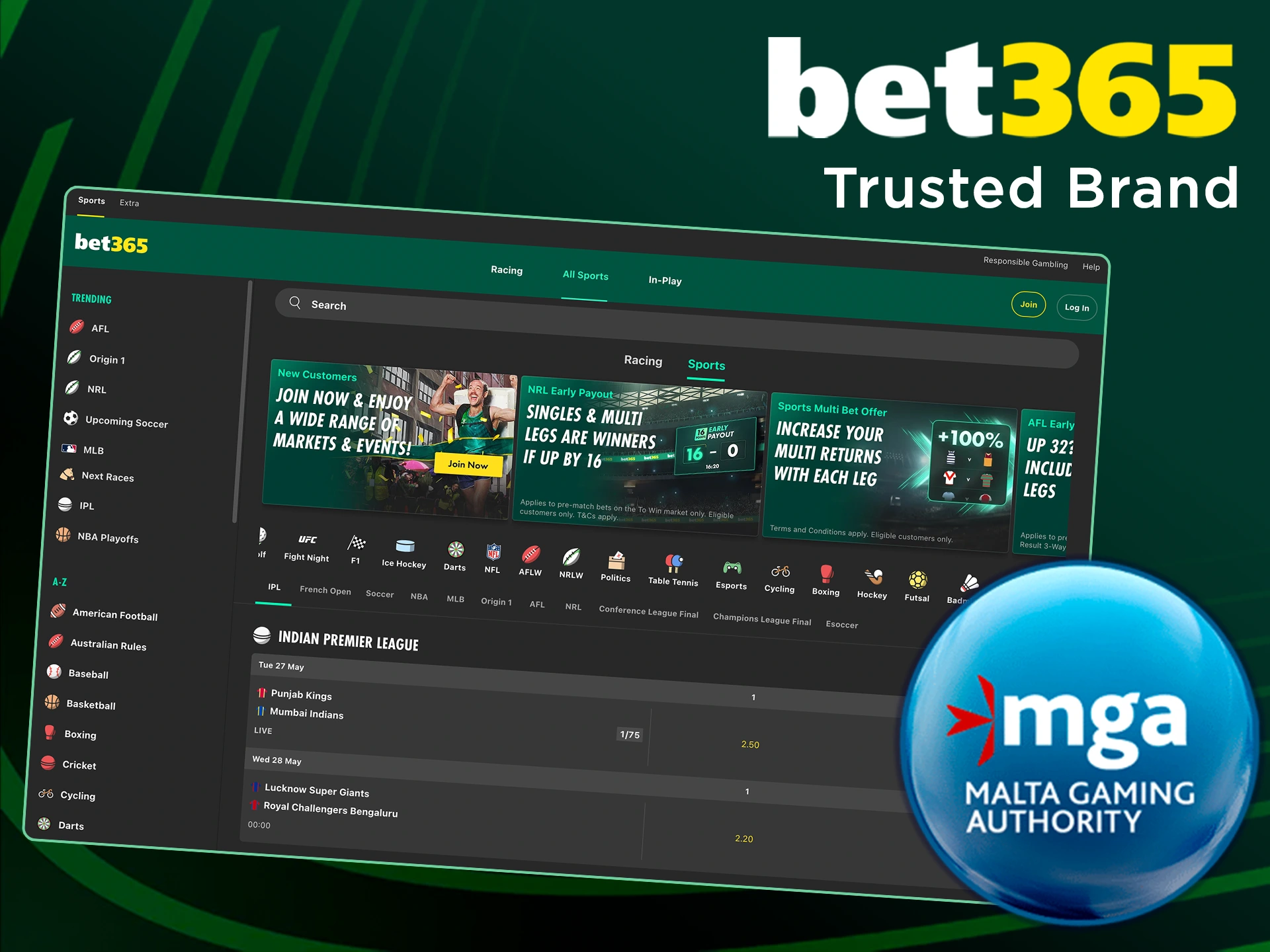 Bet365 is legal for betting, which is confirmed by the license.