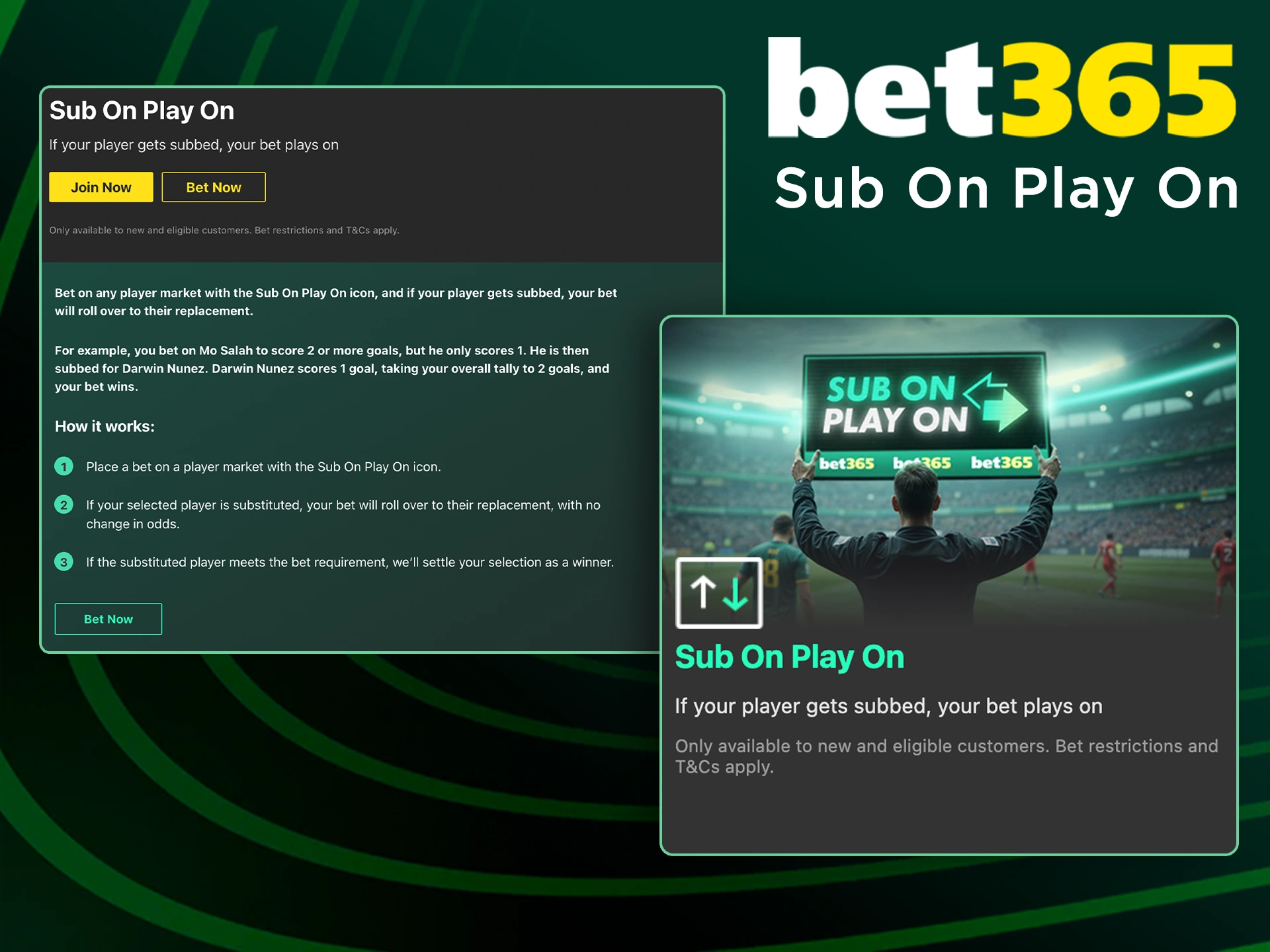 Make a winning bet with Bet365 Sub On Play On bonus now.