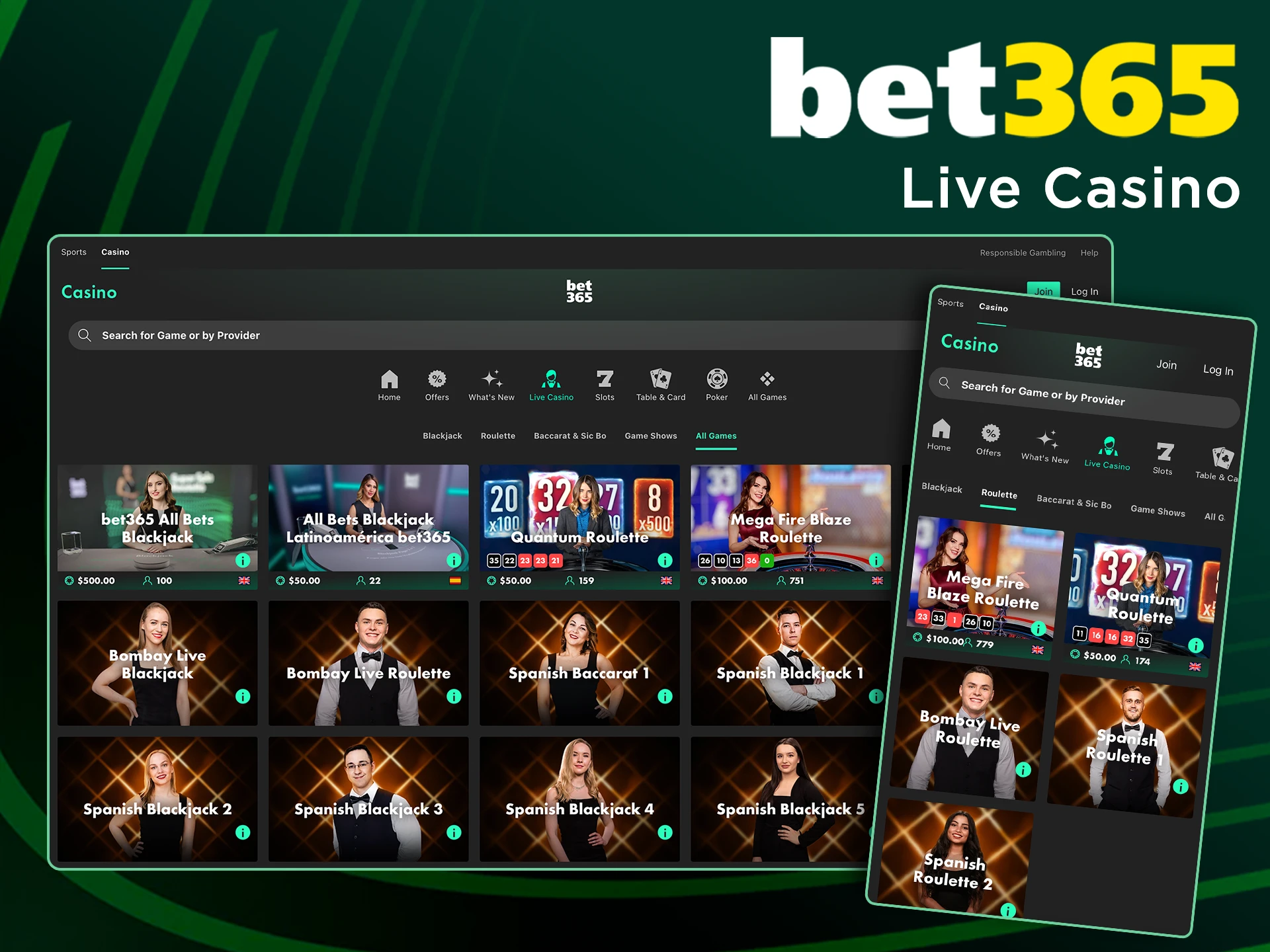 Place your live dealer casino bets at Bet365.
