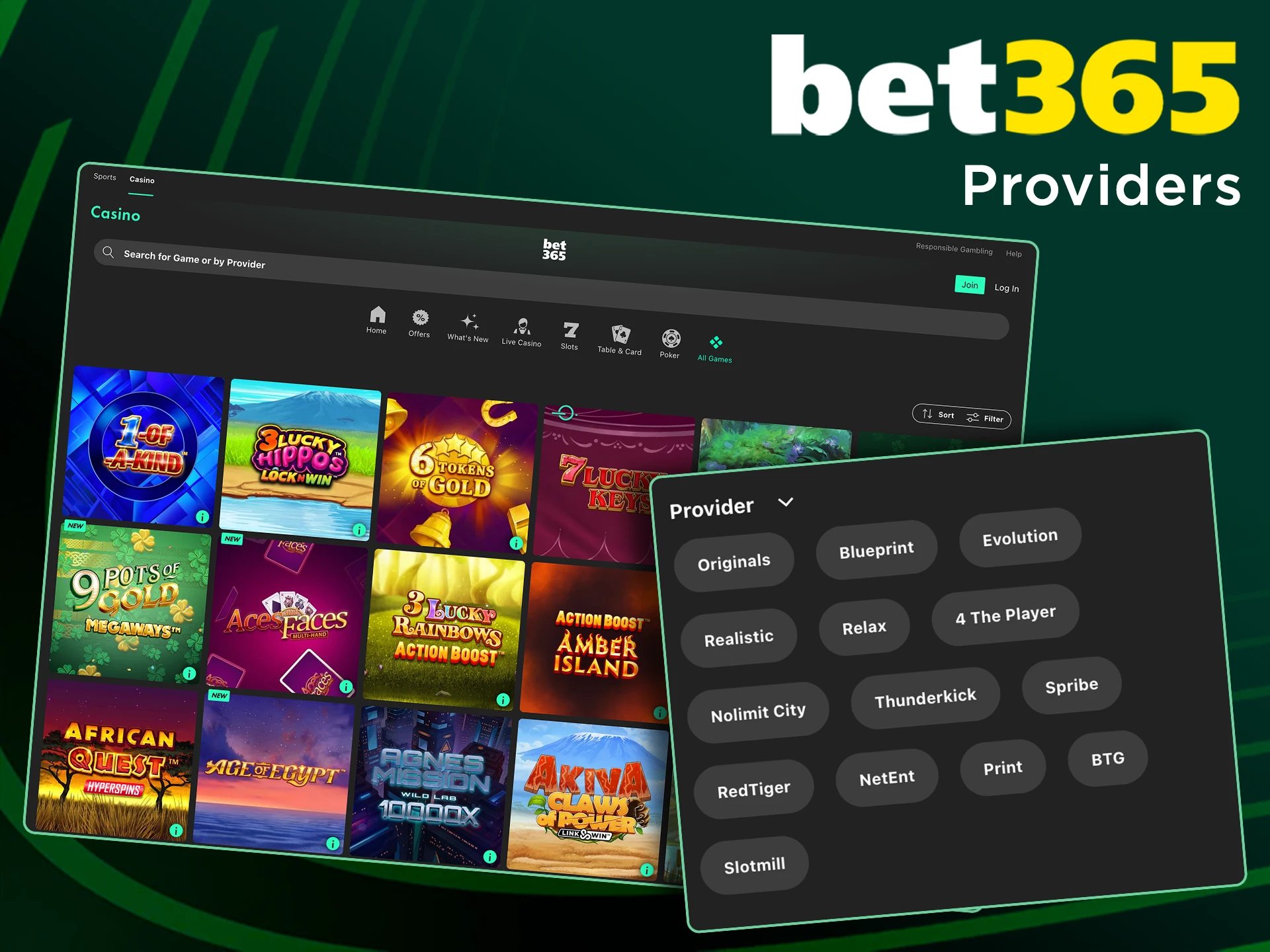 Bet365 only represents proven and popular game providers.