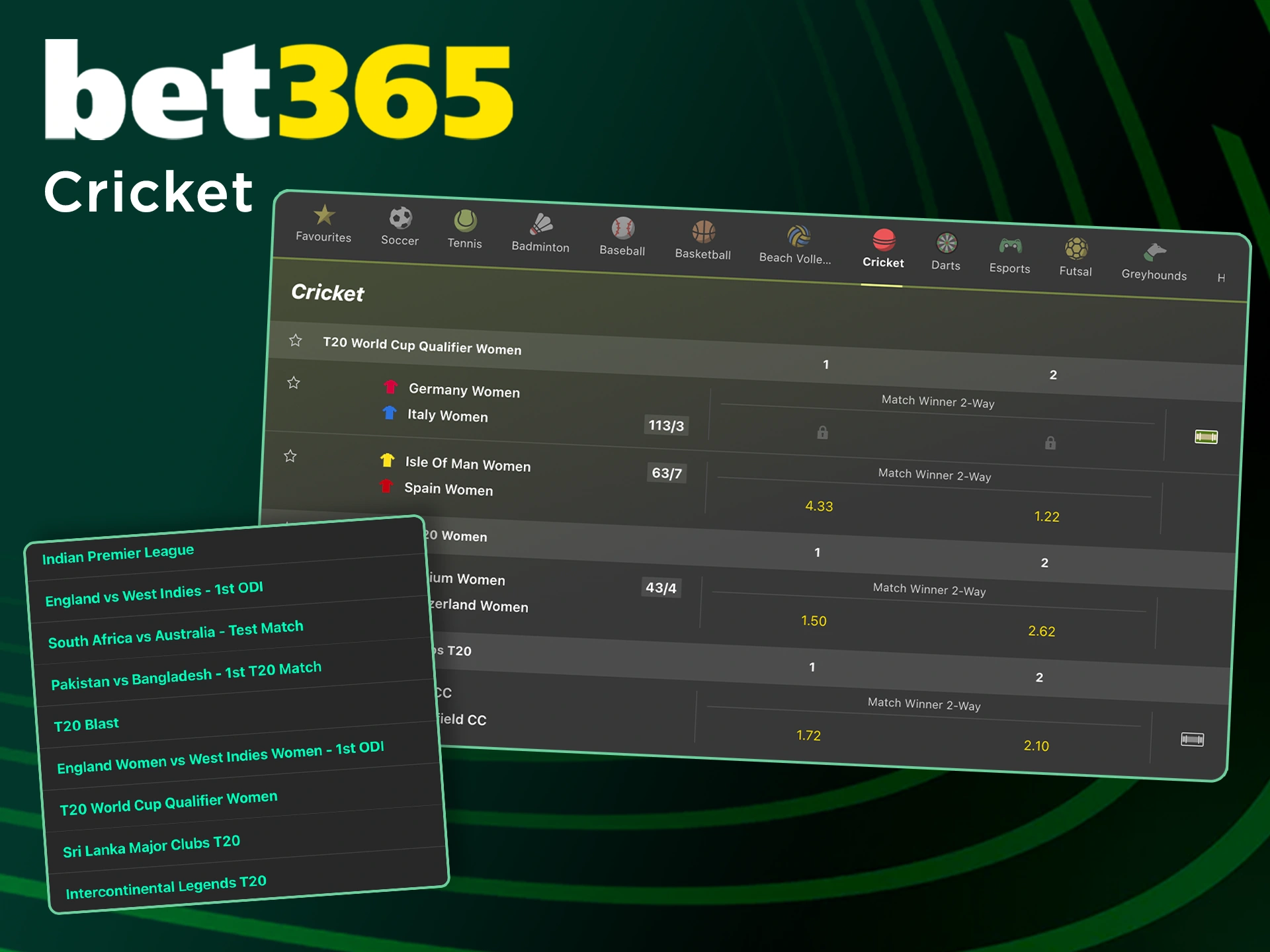 Bet on your favorite cricket teams at Bet365.