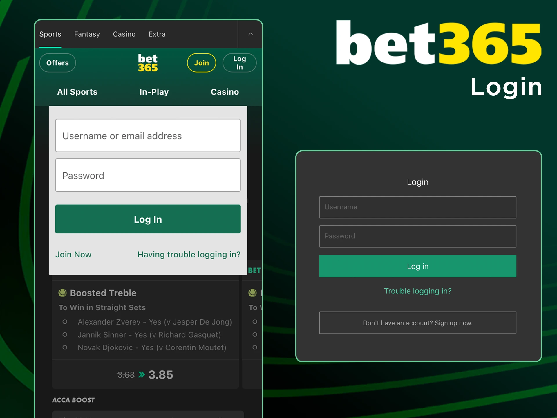 Use the details you entered during registration to log in to Bet365.