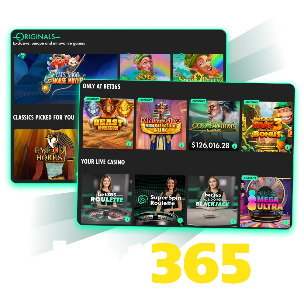 Unique slots and live casino games are available at Bet365 and waiting for your participation.