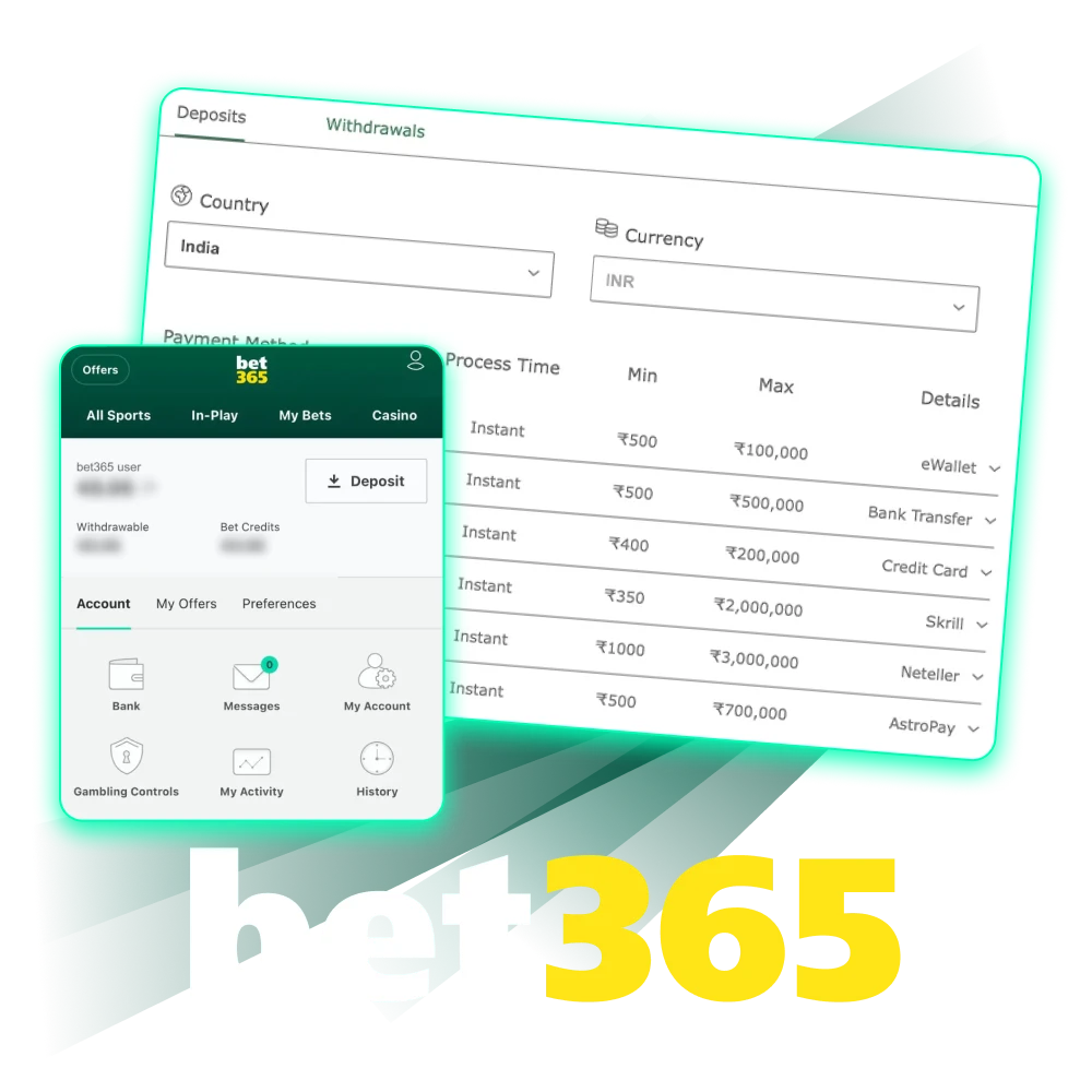 Depositing at Bet365 is very easy and is possible using the most popular methods.