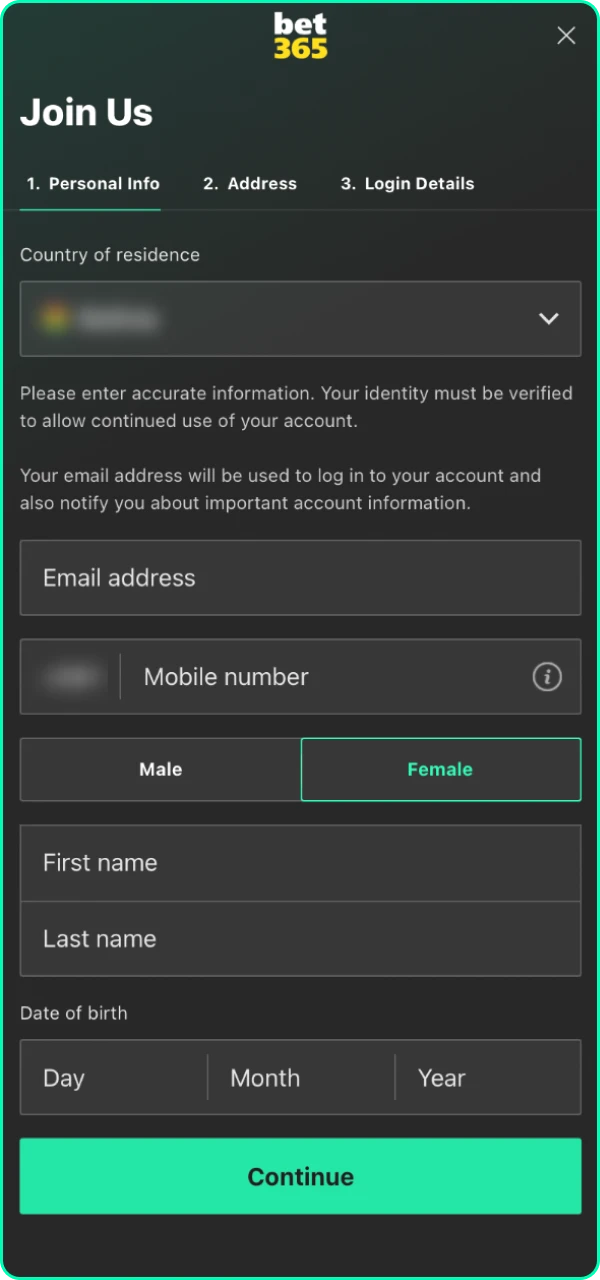 Start to create new account on Bet365 online casino.