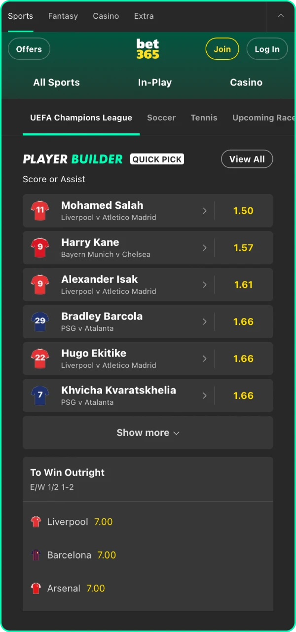 Home page on the Bet365 website.