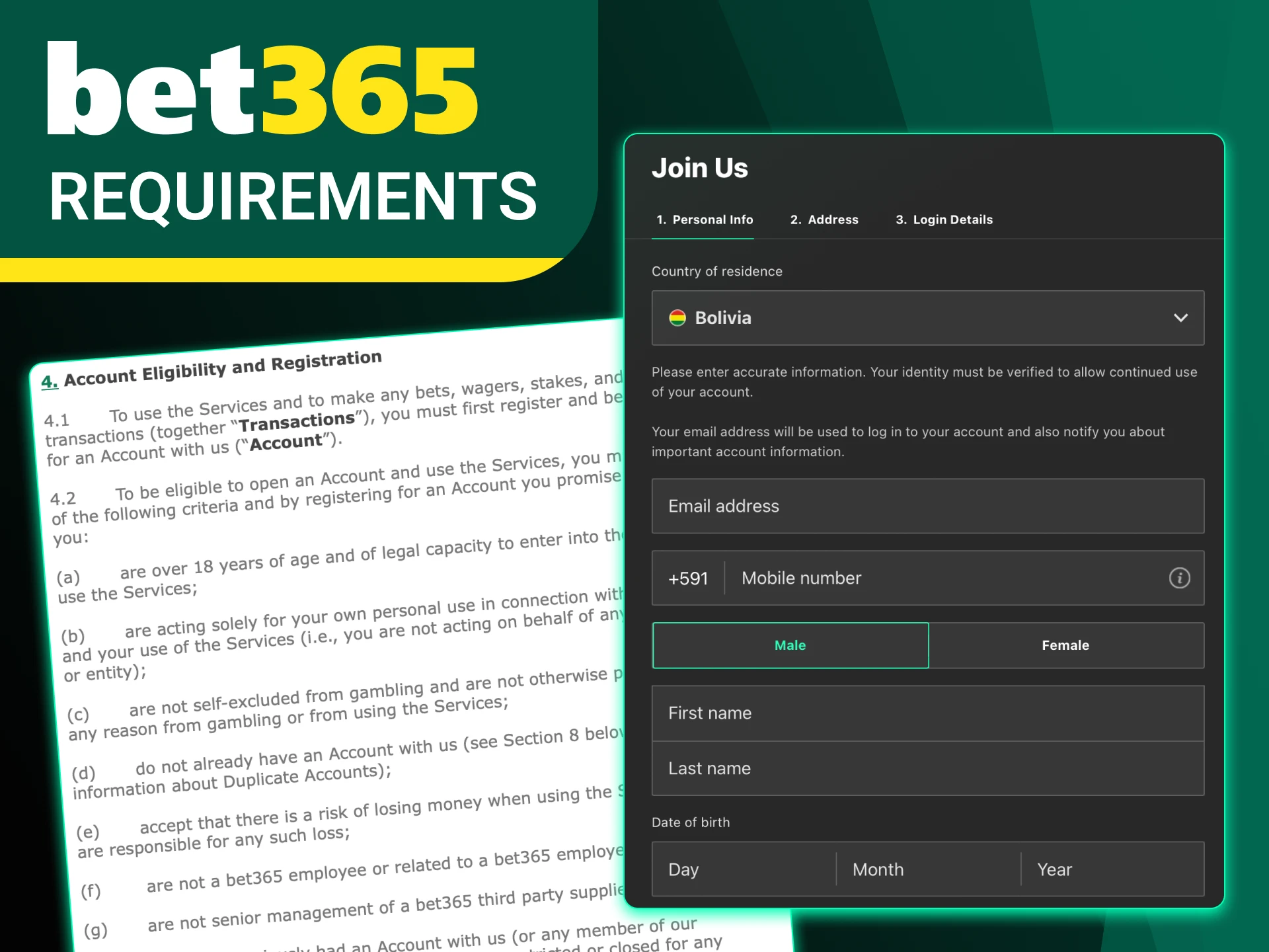 Follow the rules when registering an account with Bet365.