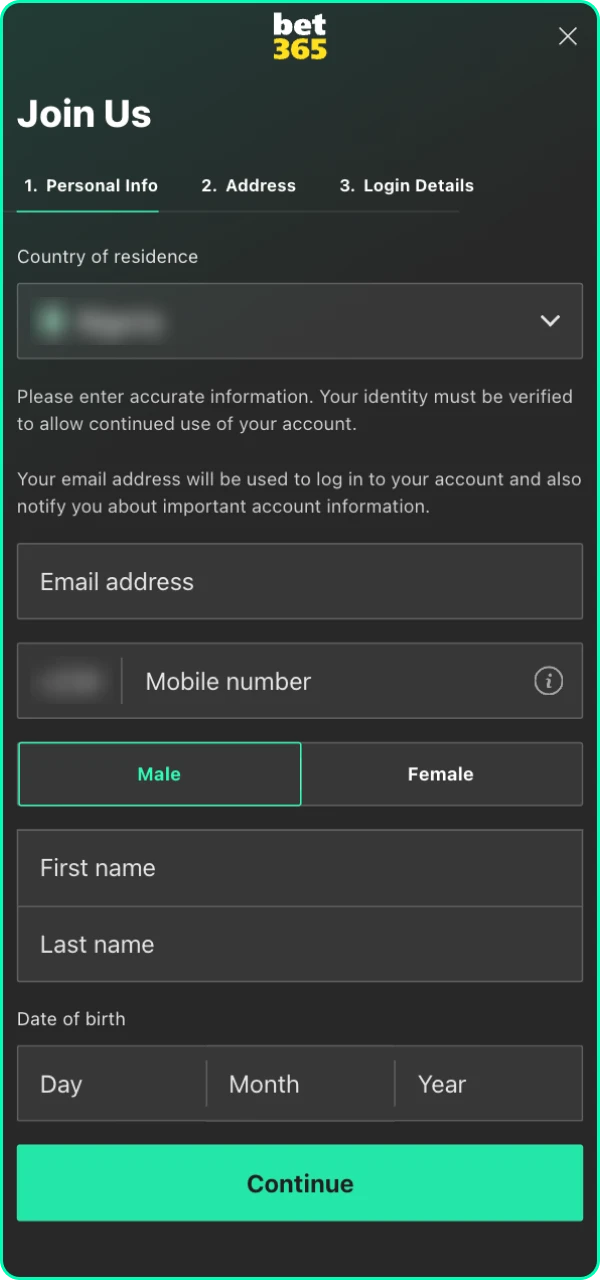 Fill in the required fields to register at Bet365 bookmaker.