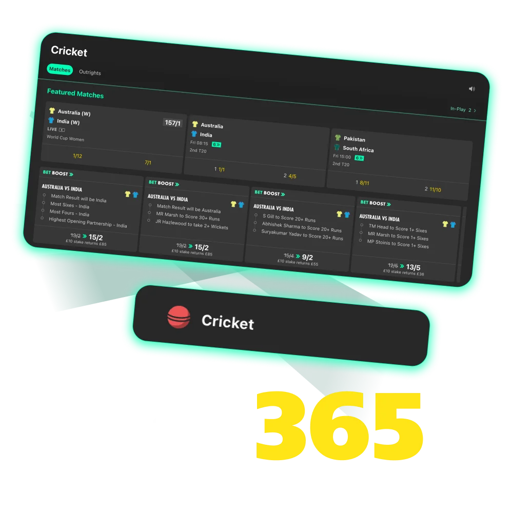 Bet on cricket online in India with Bet365 and enjoy top odds.