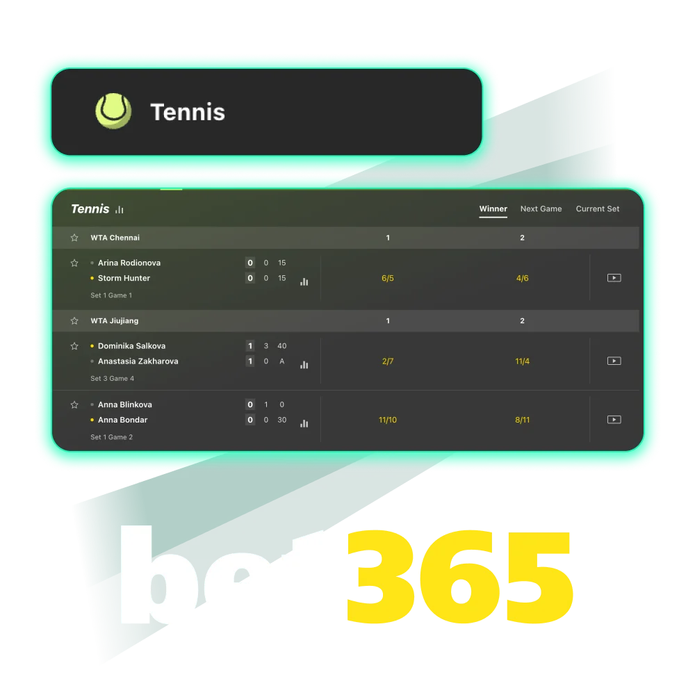 Bet on tennis online at Bet365 and win with top odds.